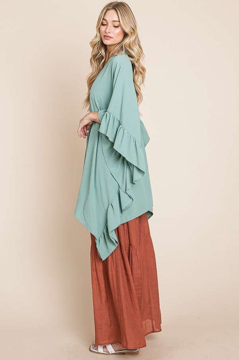 Versatile Kimono Fashion Top with Ruffled Sleeves