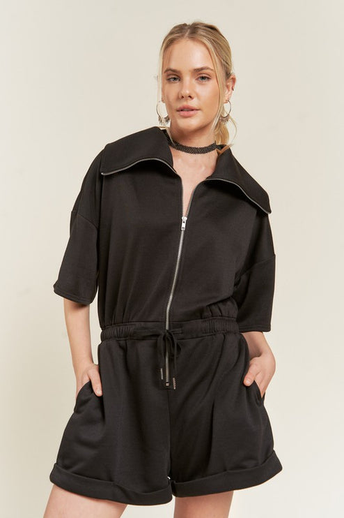 High Neck French Terry Zip Romper with Side Pockets