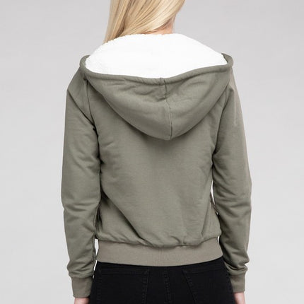 Cropped Fuzzy-Lined Zip-Up Hoodie with Long Sleeves