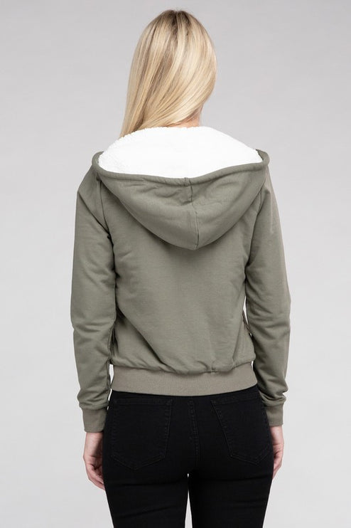 Cropped Fuzzy-Lined Zip-Up Hoodie with Long Sleeves