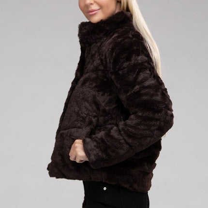 Fluffy Zip-Up Sweater Jacket with Collar and Pockets