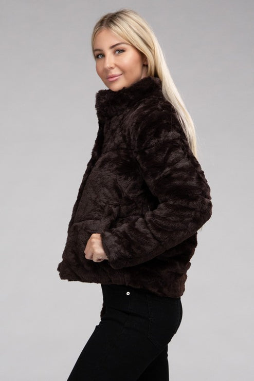 Fluffy Zip-Up Sweater Jacket with Collar and Pockets