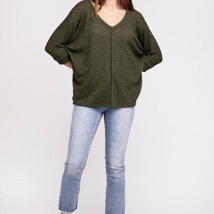 Chic Elegant Trendy 3/4 Sleeve V-Neck Hi-Low Hem Jacquard Sweater - Accessoriesforever