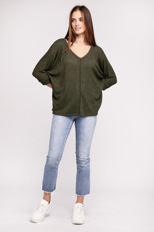 Chic Elegant Trendy 3/4 Sleeve V-Neck Hi-Low Hem Jacquard Sweater