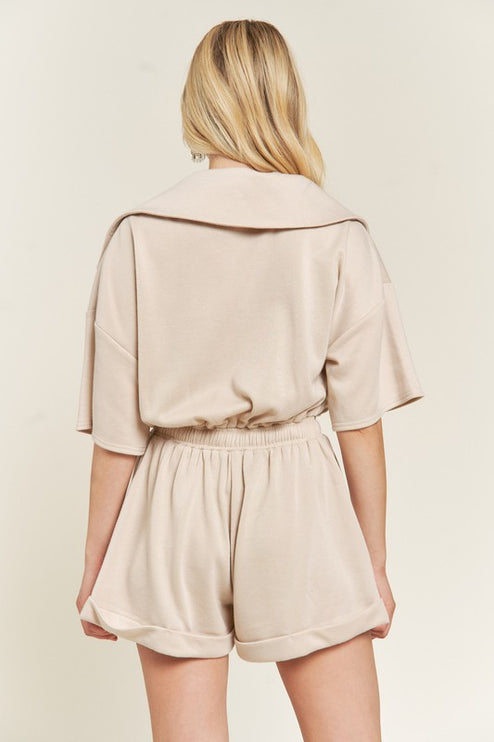 High Neck French Terry Zip Romper with Side Pockets