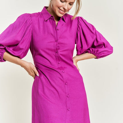 Chic Half Sleeve Balloon Sleeve Button-Down Belted Dress