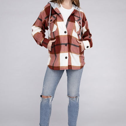 Comfy Casual Plaid Drawstring Hooded Fleece Shacket - Accessoriesforever