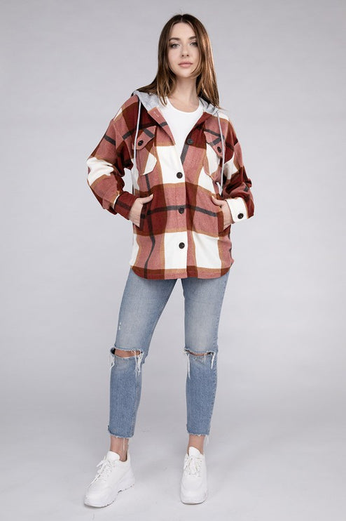 Comfy Casual Plaid Drawstring Hooded Fleece Shacket