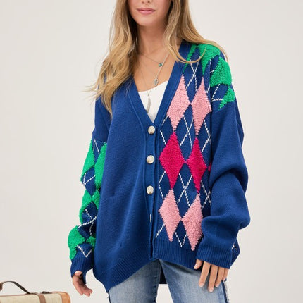 Cozy Argyle Pattern Design Button Front Loose Fit Knit Sweater Cardigan - Accessoriesforever