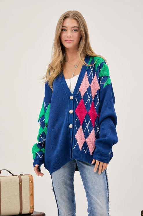 Cozy Argyle Pattern Design Button Front Loose Fit Knit Sweater Cardigan