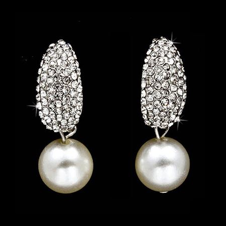 Bridal Wedding Crystal Rhinestone Pearl Drop Dangle Earrings Silver Clear White