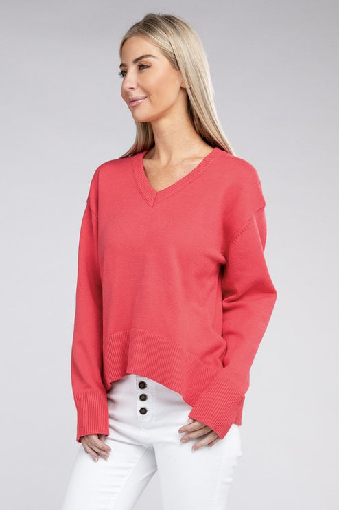 Simple Classic Casual Solid V-neck Long Sleeve Fashion Top Sweater