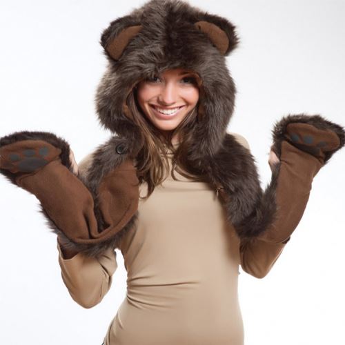Faux Fur Plush 3D Full Animal Hood with Pocket Hat Scarf Mitten