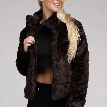 Fluffy Zip-Up Sweater Jacket with Collar and Pockets