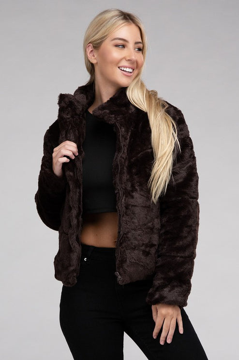 Fluffy Zip-Up Sweater Jacket with Collar and Pockets