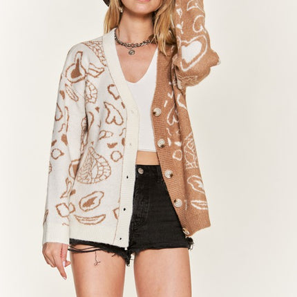 Oversized Heart Paisley Button-Down Sweater Cardigan with Color Block