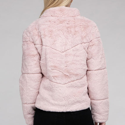 Fluffy Zip-Up Sweater Jacket with Collar and Pockets