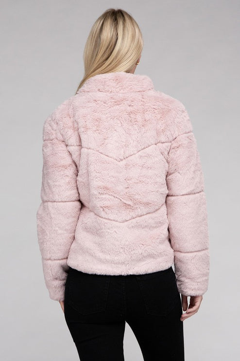 Fluffy Zip-Up Sweater Jacket with Collar and Pockets