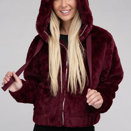 Plush Cropped Teddy Hoodie with Zip-Up Front and Drawstring Hood