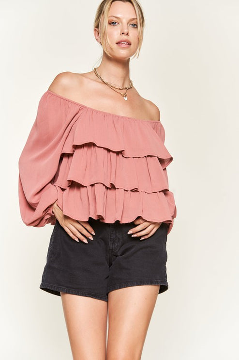 Romantic Off-Shoulder Tiered Flounce Blouse in Crinkled Chiffon