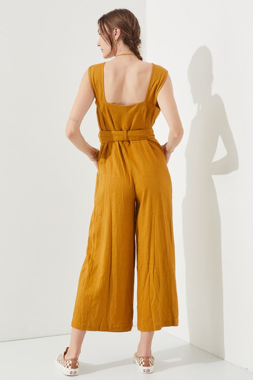 Linen Blend Jumpsuit with Belt and Multiple Pockets - Accessoriesforever