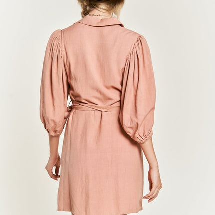 Chic Half Sleeve Balloon Sleeve Button-Down Belted Dress