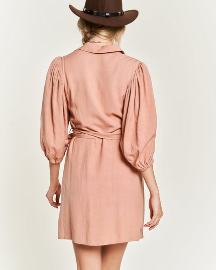 Chic Half Sleeve Balloon Sleeve Button-Down Belted Dress