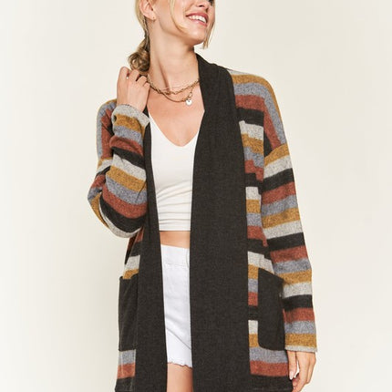 Cozy Striped Open Front Sweater Cardigan with Pockets