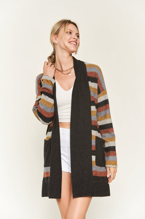 Cozy Striped Open Front Sweater Cardigan with Pockets