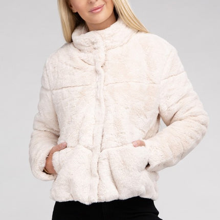 Fluffy Zip-Up Sweater Jacket with Collar and Pockets
