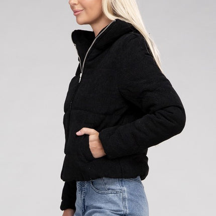 Soft Corduroy Zip-Up Jacket with High Collar and Pockets