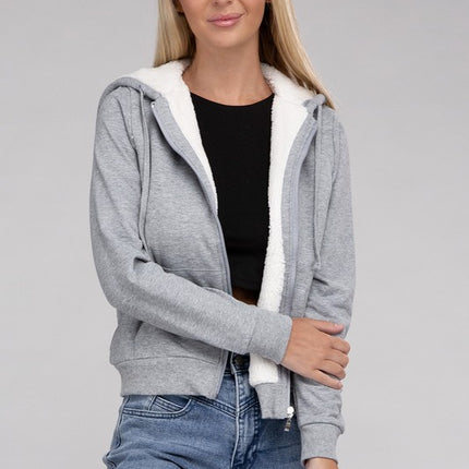 Cropped Fuzzy-Lined Zip-Up Hoodie with Long Sleeves