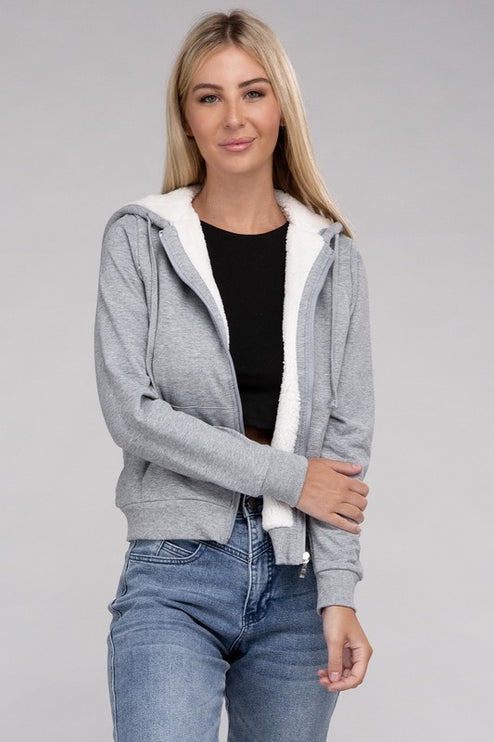 Cropped Fuzzy-Lined Zip-Up Hoodie with Long Sleeves