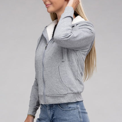 Cropped Fuzzy-Lined Zip-Up Hoodie with Long Sleeves