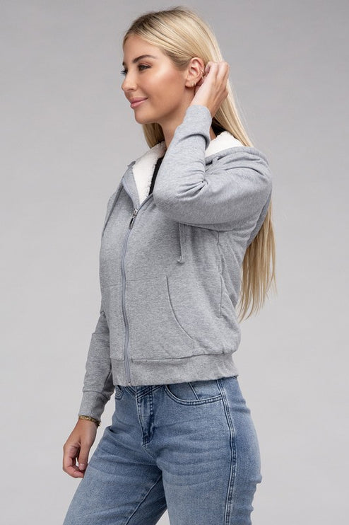 Cropped Fuzzy-Lined Zip-Up Hoodie with Long Sleeves