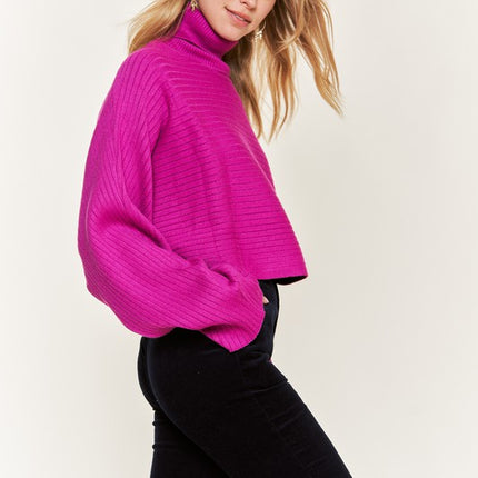 Ribbed Mock Neck Sweater with Wide Sleeves