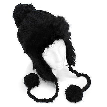 Rabbit Fur Trimmed Knit Trooper Style Pom Pom Hat - Accessoriesforever