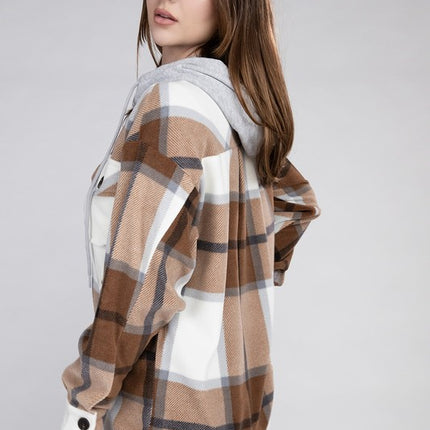 Comfy Casual Plaid Drawstring Hooded Fleece Shacket - Accessoriesforever