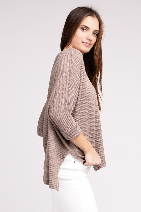 Chic Elegant Trendy 3/4 Sleeve V-Neck Hi-Low Hem Jacquard Sweater