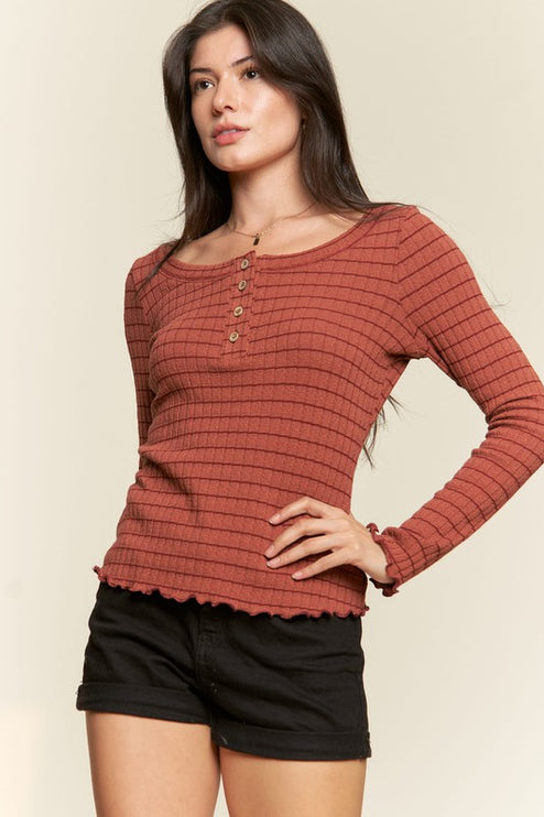 Casual Classic Button Detail Round Neck Striped Fashion Top