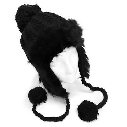 Rabbit Fur Trimmed Knit Trooper Style Pom Pom Hat - Accessoriesforever