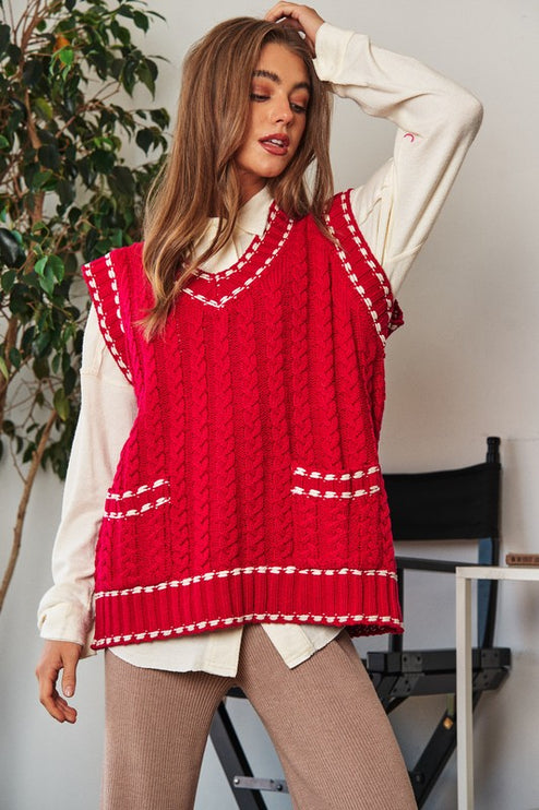 Fashion V-Neck Sleeveless Pocket Detail Design Knit Sweater Vest