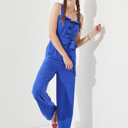 Linen Blend Belted Jumpsuit with Square Neck
