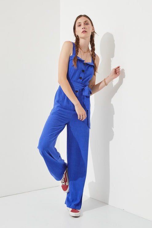 Linen Blend Belted Jumpsuit with Square Neck - Accessoriesforever