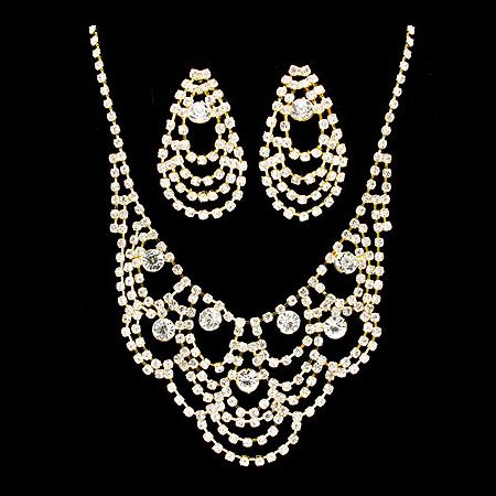 Bridal Wedding Jewelry Set Necklace Earring Crystal Rhinestone Bib Drape Gold