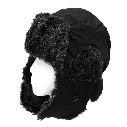 Black Faux Fur Trooper Aviator Trapper Cold Weather Winter Ski Cap Hat