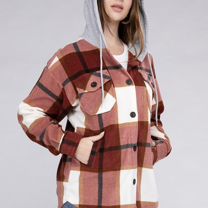 Comfy Casual Plaid Drawstring Hooded Fleece Shacket - Accessoriesforever