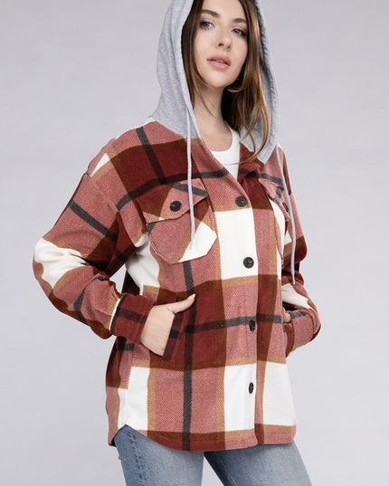 Comfy Casual Plaid Drawstring Hooded Fleece Shacket
