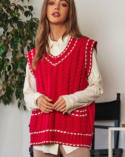 Fashion V-Neck Sleeveless Pocket Detail Design Knit Sweater Vest