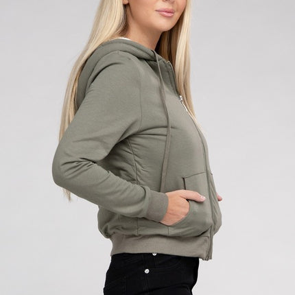 Cropped Fuzzy-Lined Zip-Up Hoodie with Long Sleeves